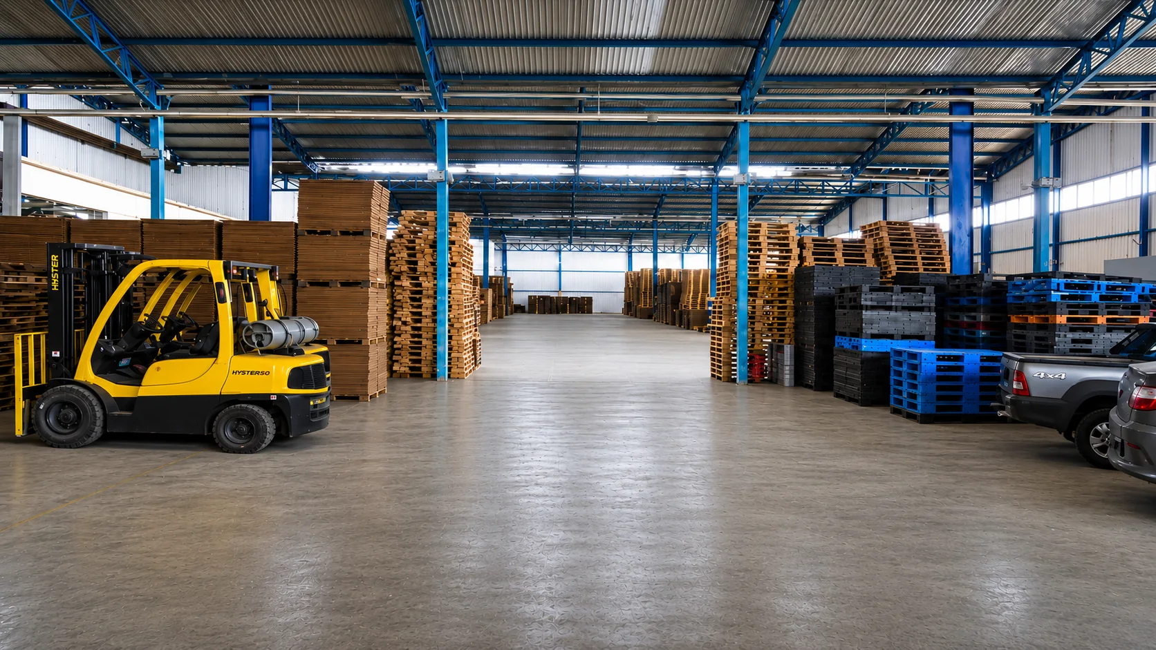 Área interna coberta com pallets e empilhadeira